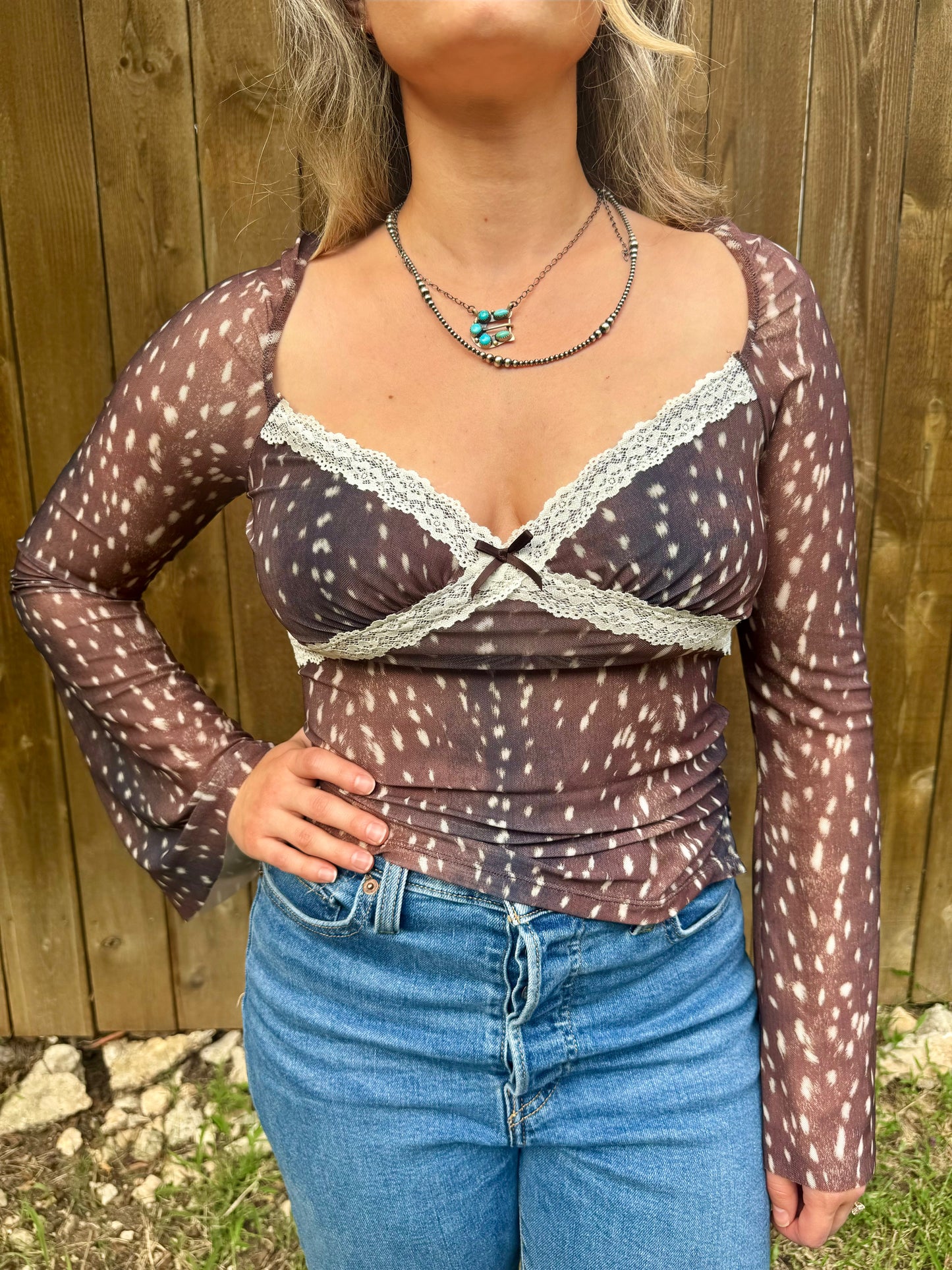 Deer Print Lace Top