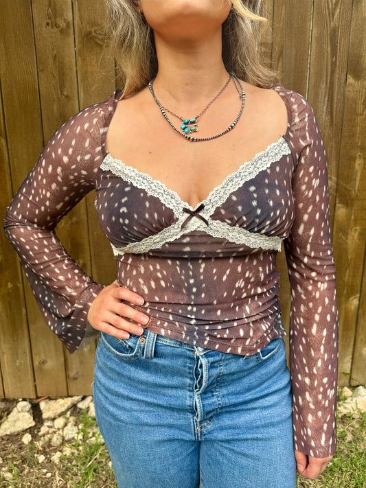 Deer Print Lace Top