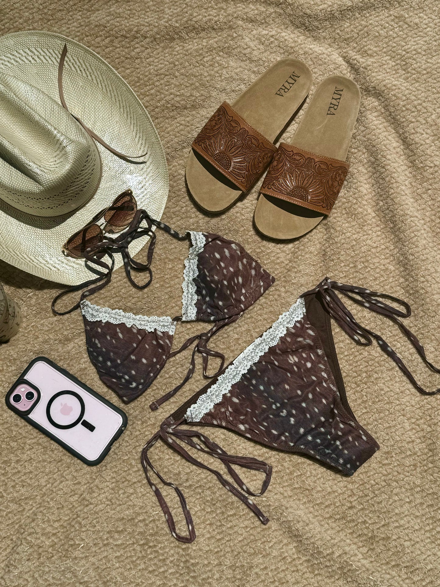 Deer Print Lace Triangle Bikini